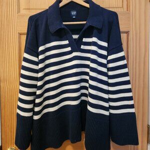 GAP oversized pullover v-neck sweater, blue and white stripes, collar, XXL, EUC